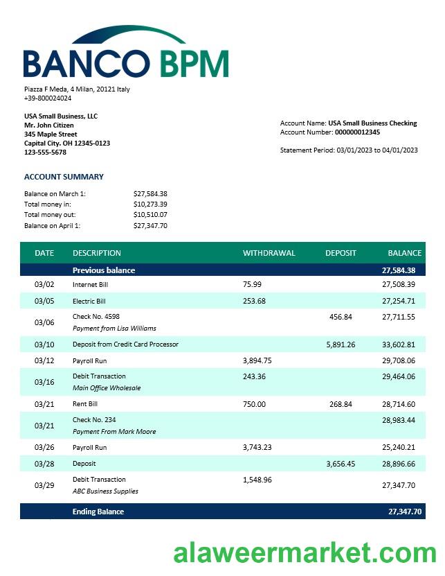 Banco BPM enterprise statement Word and PDF template
